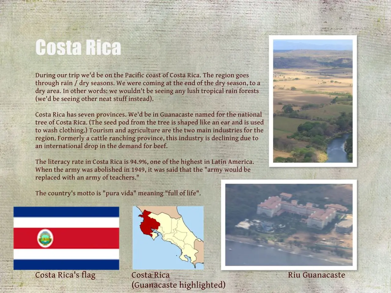 In the image we can see there is a poster on which its written ¨Costa Rica¨ and there are pictures...