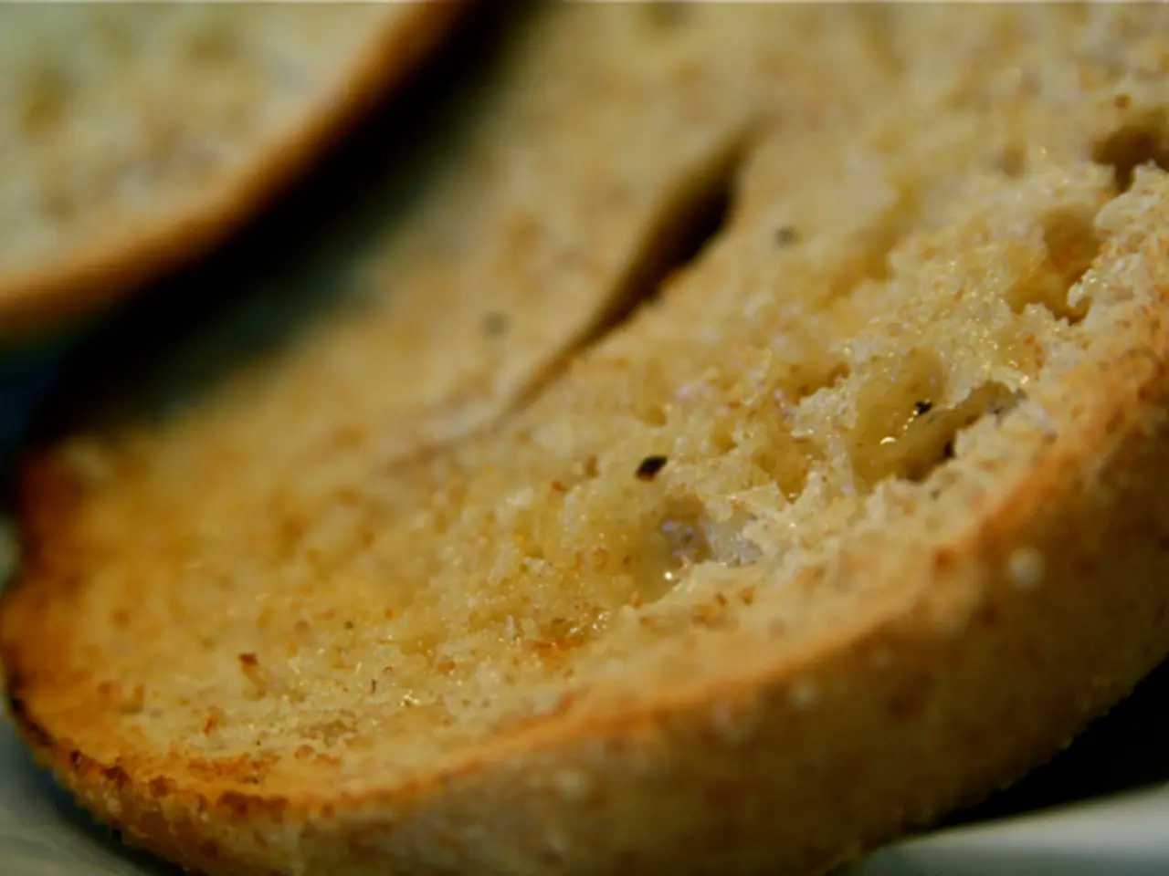 In this image there are two slices of bread on the plate.