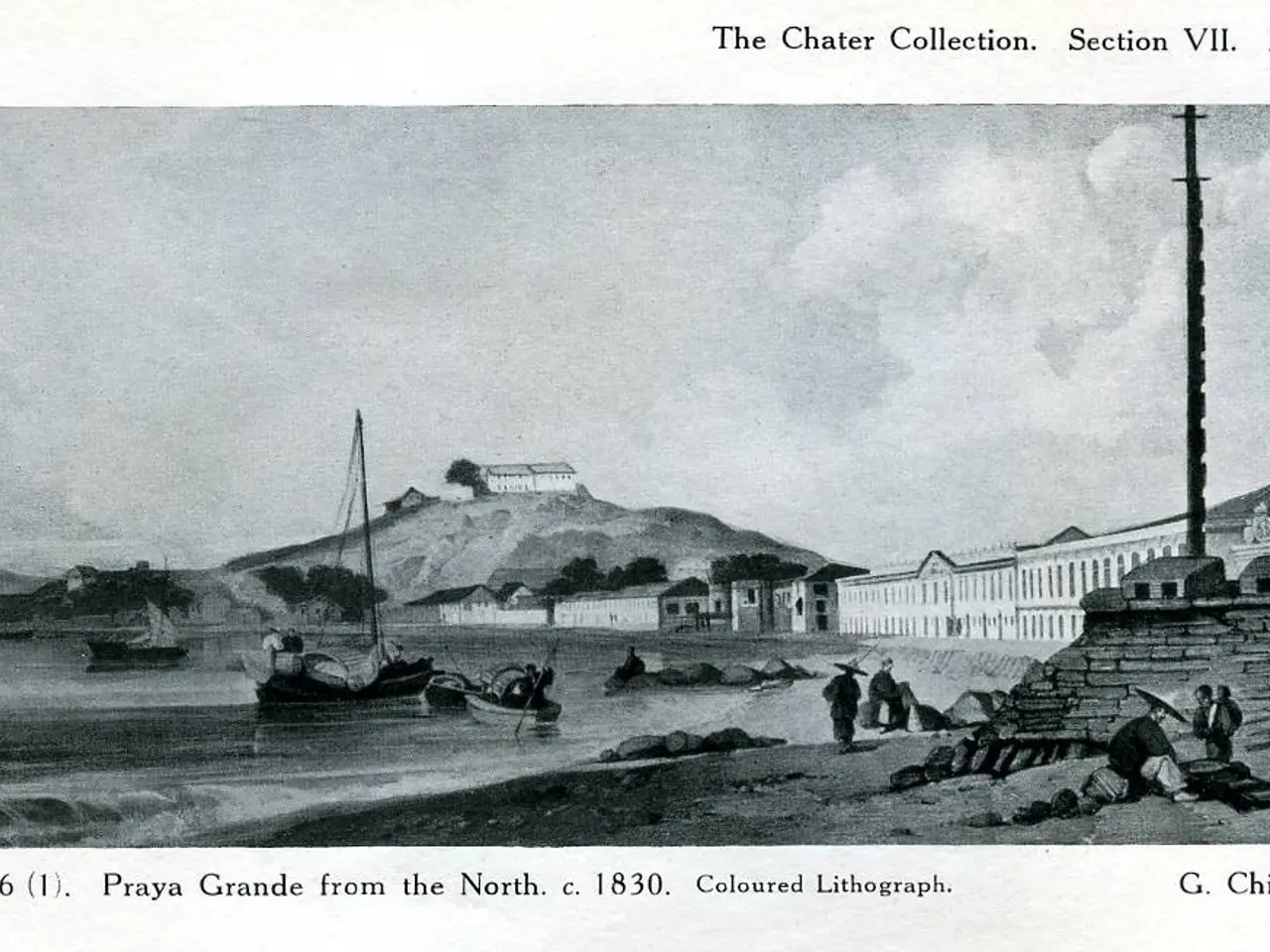 The image shows a black and white drawing of a beach with boats in the water, people on the shore,...