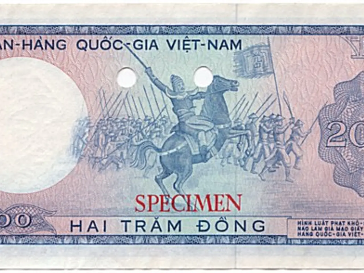 The image shows an old Vietnamese banknote with a picture of a man on a horse on it. The note is...