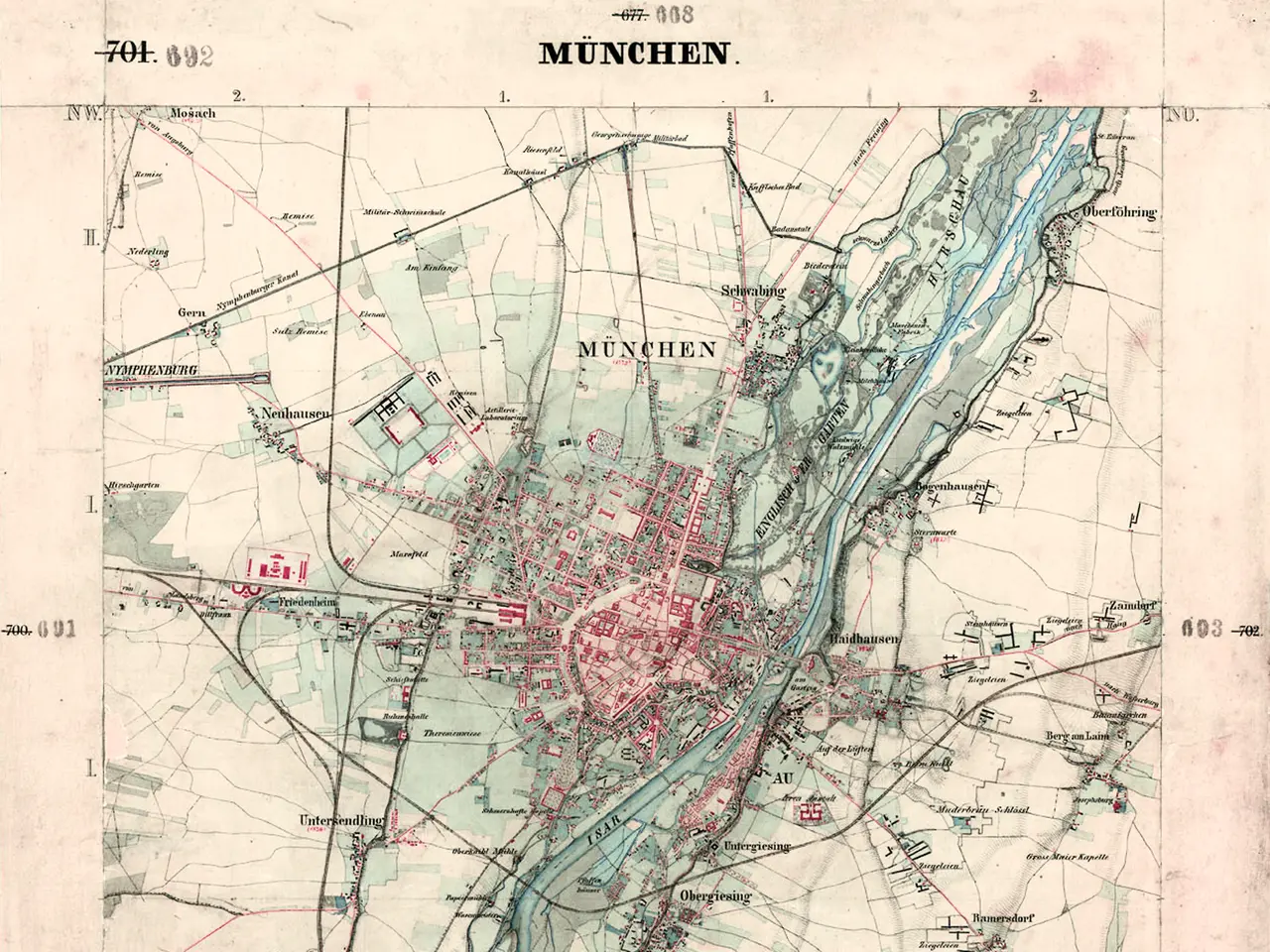 The image shows an old map of the city of Munich, Germany. It is a top view of the map, with text...