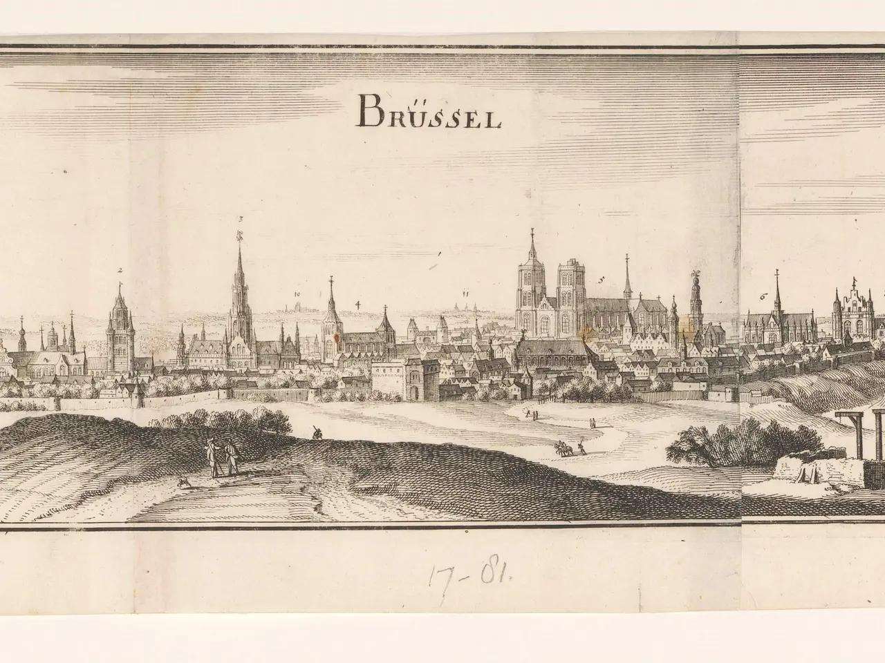 The image shows an engraving of the city of Brussels, Belgium, with its buildings, trees, and sky....