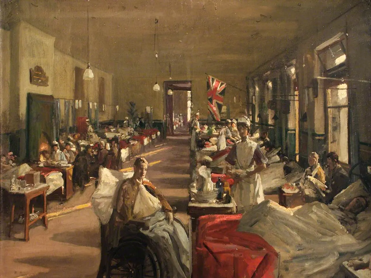 The image shows a painting of a hospital room filled with people in wheelchairs, some of whom are...