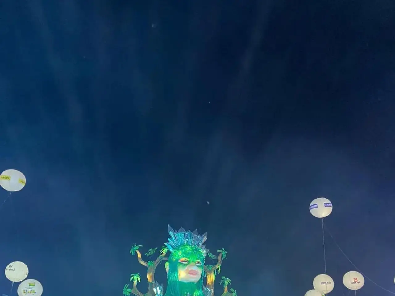 The image shows a vibrant carnival in Rio de Janeiro, Brazil, with a group of people wearing...