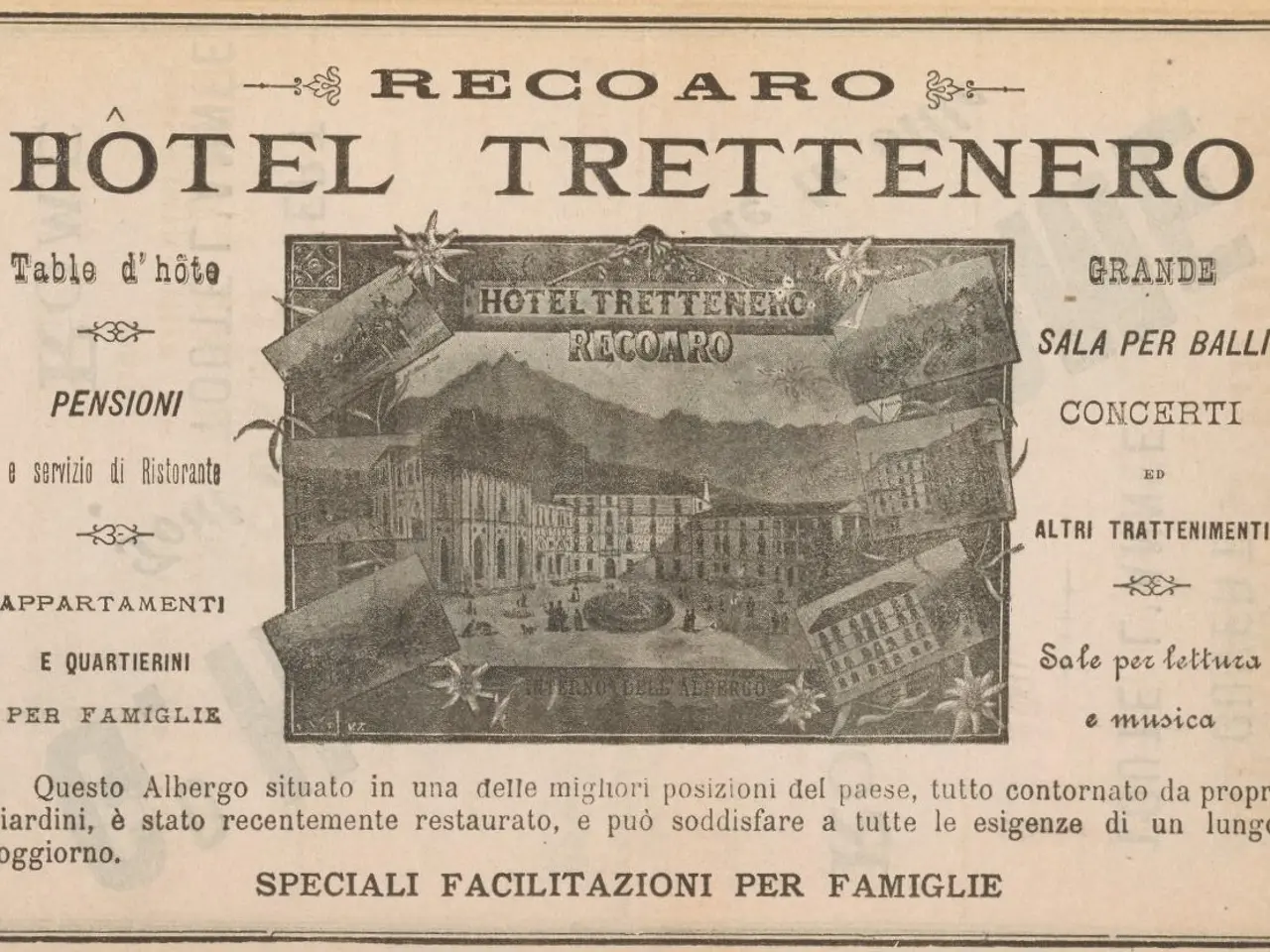 The image shows an old advertisement for a hotel trettenero with a picture of a building in the...