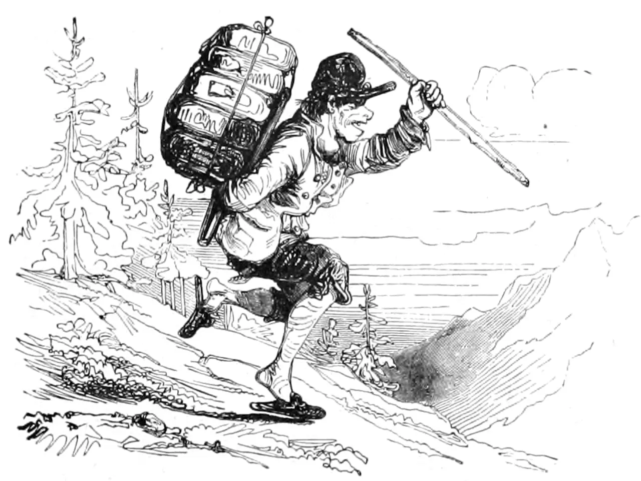 The image shows a man with a backpack and a stick in his hand, standing in front of a backdrop of...