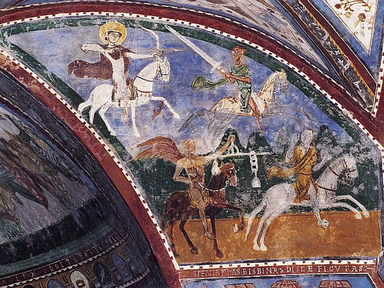 The image shows a fresco on the ceiling of a church in Italy depicting St. Francis of Assisi, the...