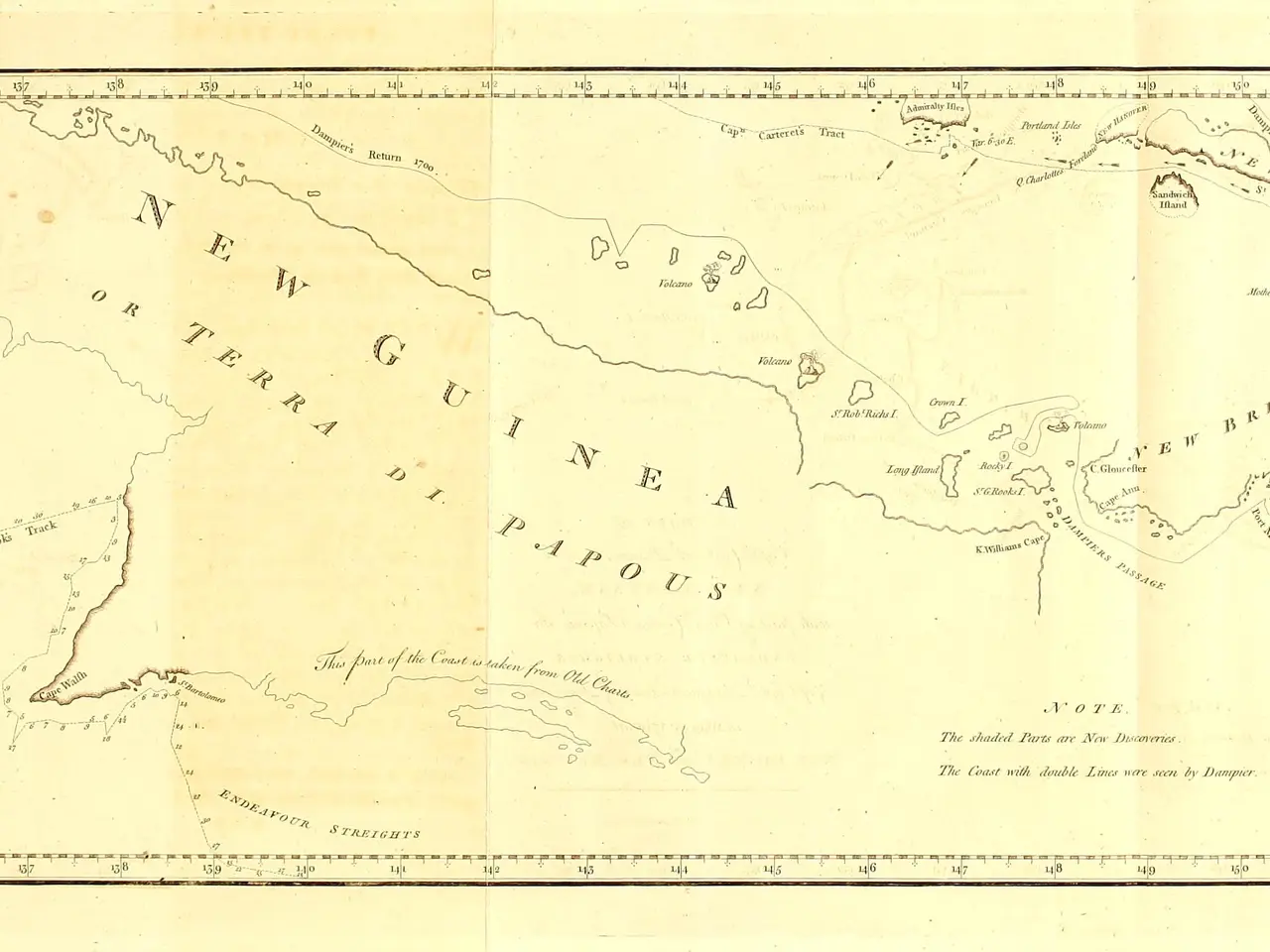 The image shows an old map of New Guinea and Papua New Guinea, with text written on it. The map is...