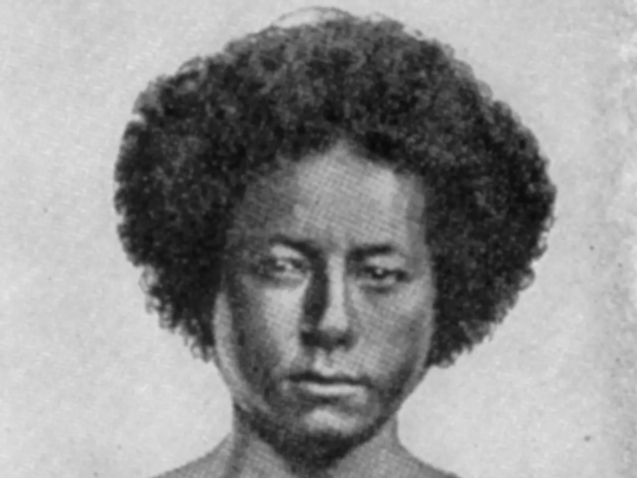 The image shows a black and white photo of a woman with an afro, believed to be Harriet Tubman, the...