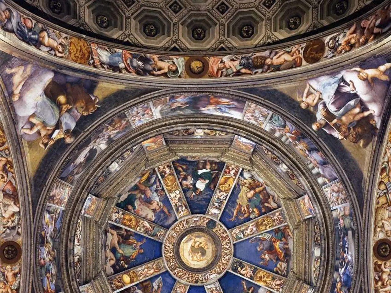 The image shows the ceiling of the Sistine Chapel in Vatican City, Italy, painted by Michelangelo....