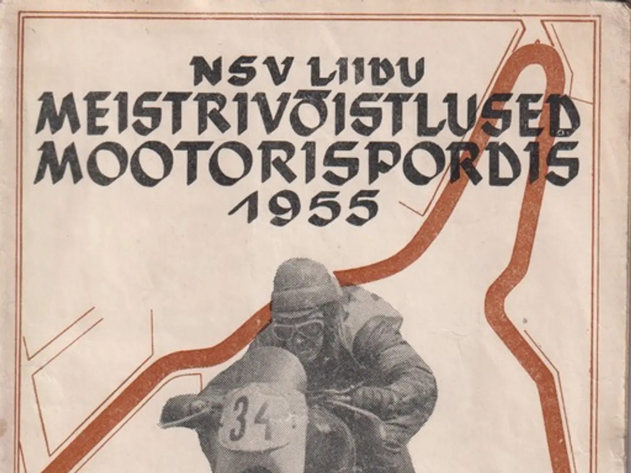 The image shows an old book with a picture of a man riding a motorcycle on the cover page. The man...