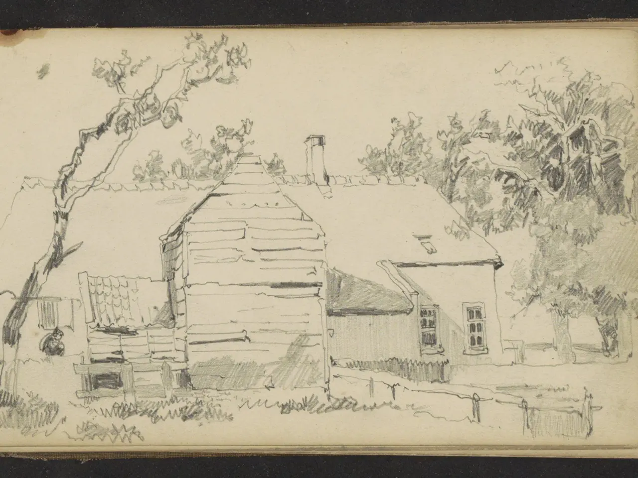 The image shows an open book with a drawing of a log cabin nestled in a wooded area, surrounded by...