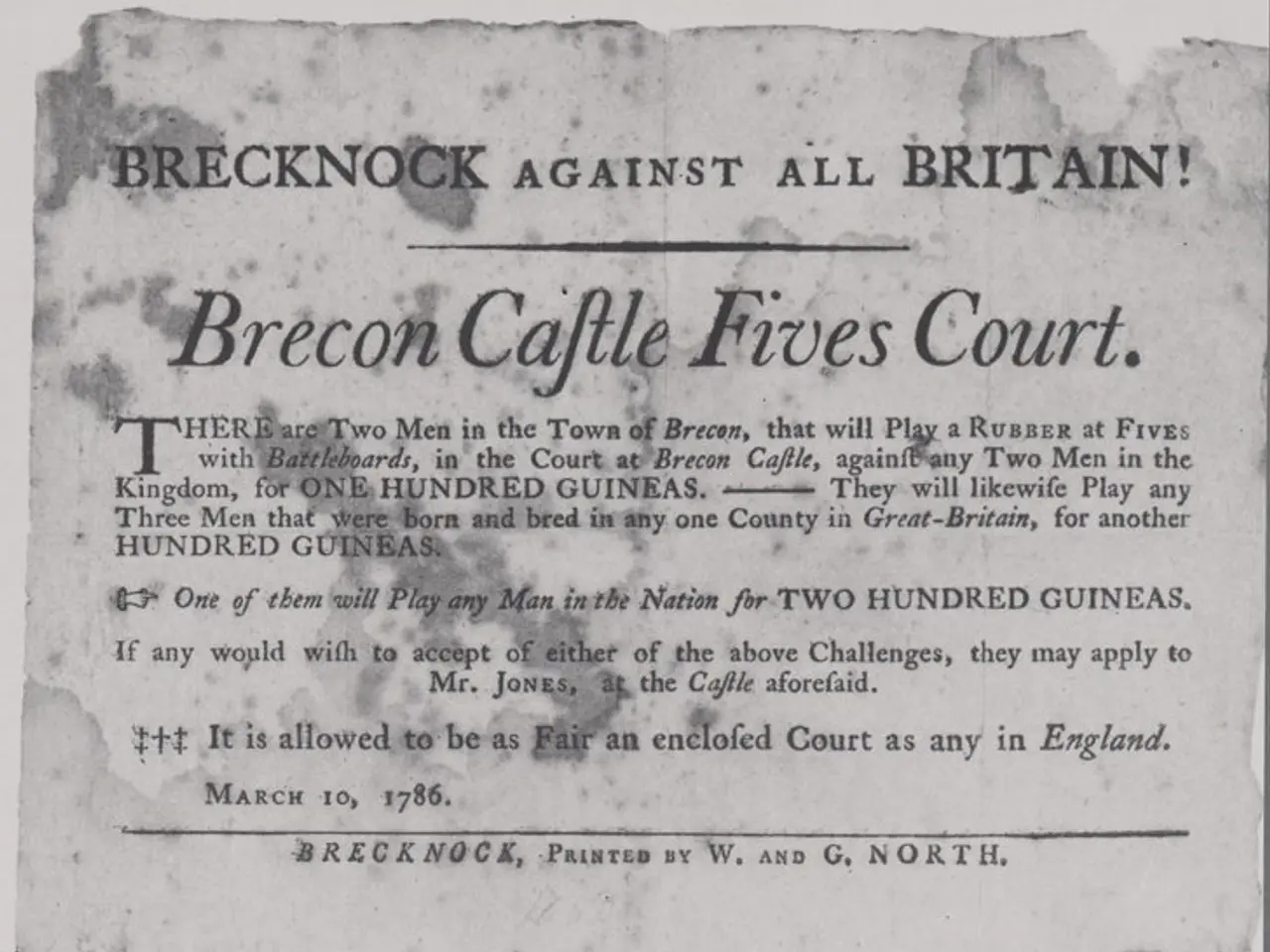 The image shows a paper with the text "brecknock against all britain brecon caffle fives court"...