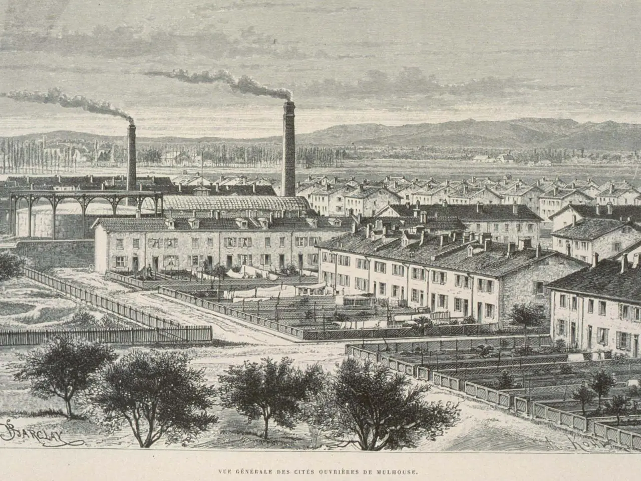 The image shows an old black and white drawing of a city with buildings, trees, plants, grass,...