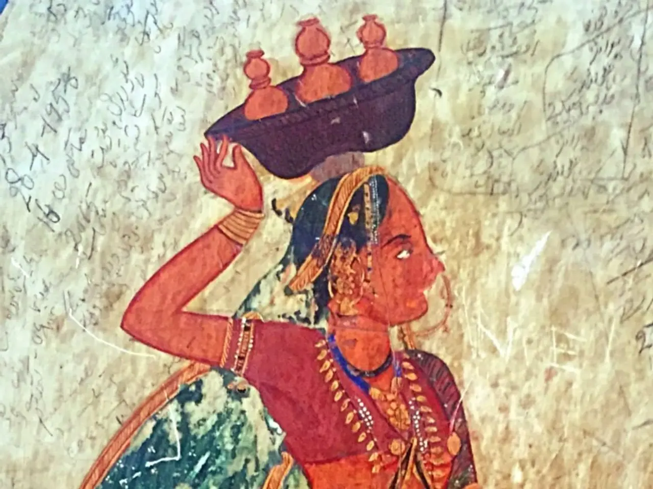 The image shows a painting of a woman in a sari carrying a basket on her head, which is believed to...