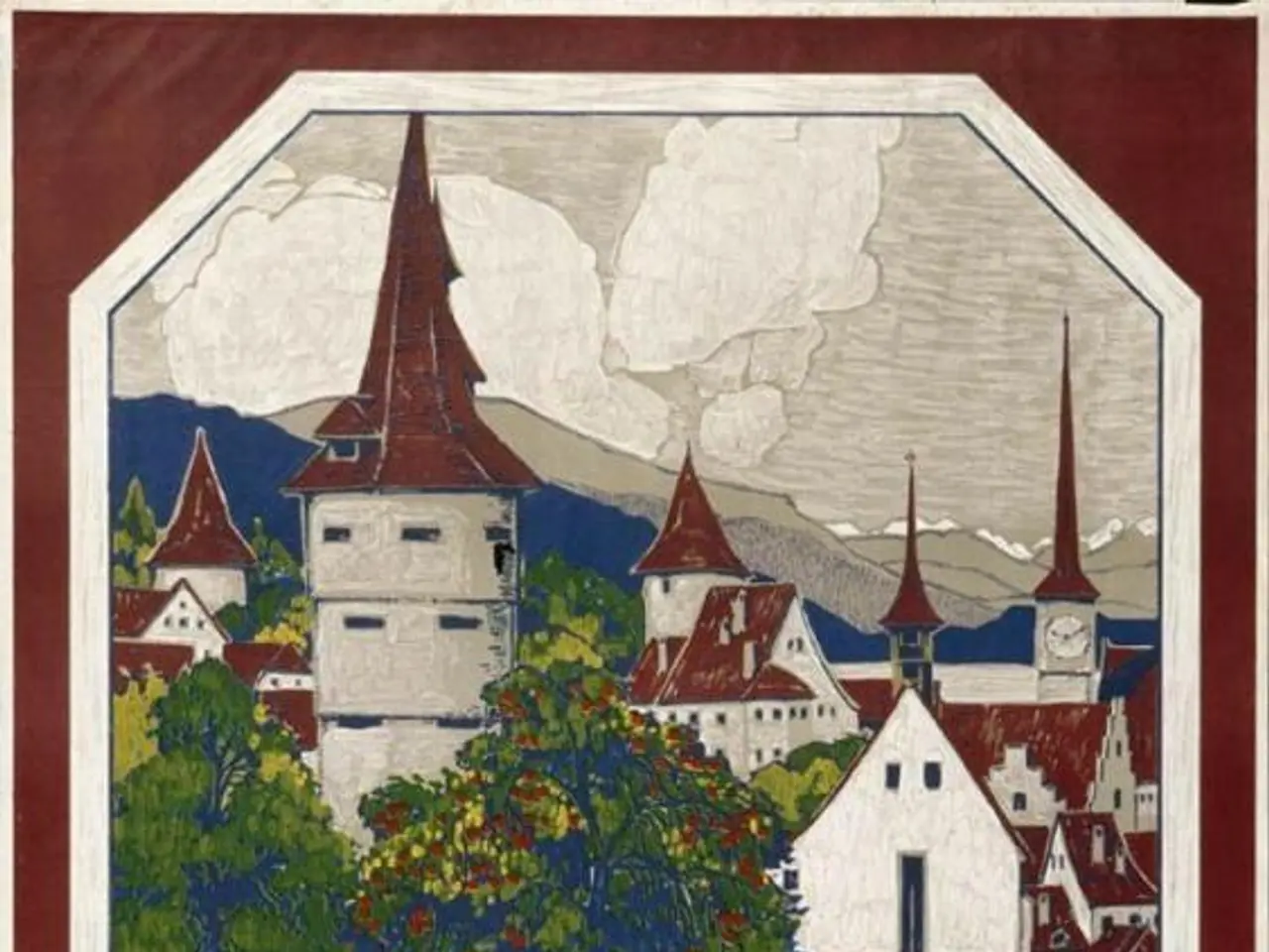 The image shows a poster advertising the Zug Berg-u-Strassenbahn in Switzerland. It features a...