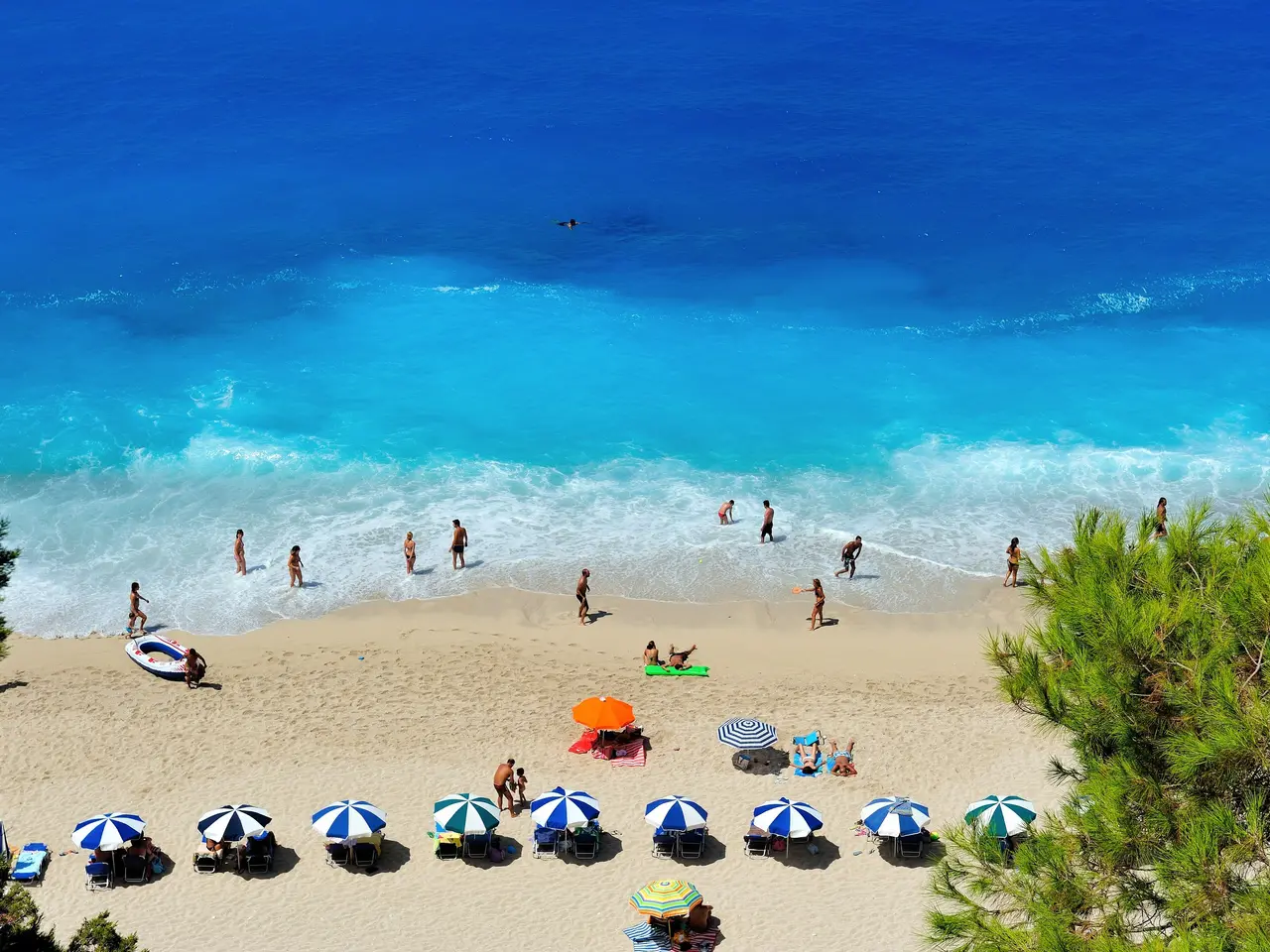 The image shows a group of people on a beach with umbrellas and chairs, surrounded by lush green...