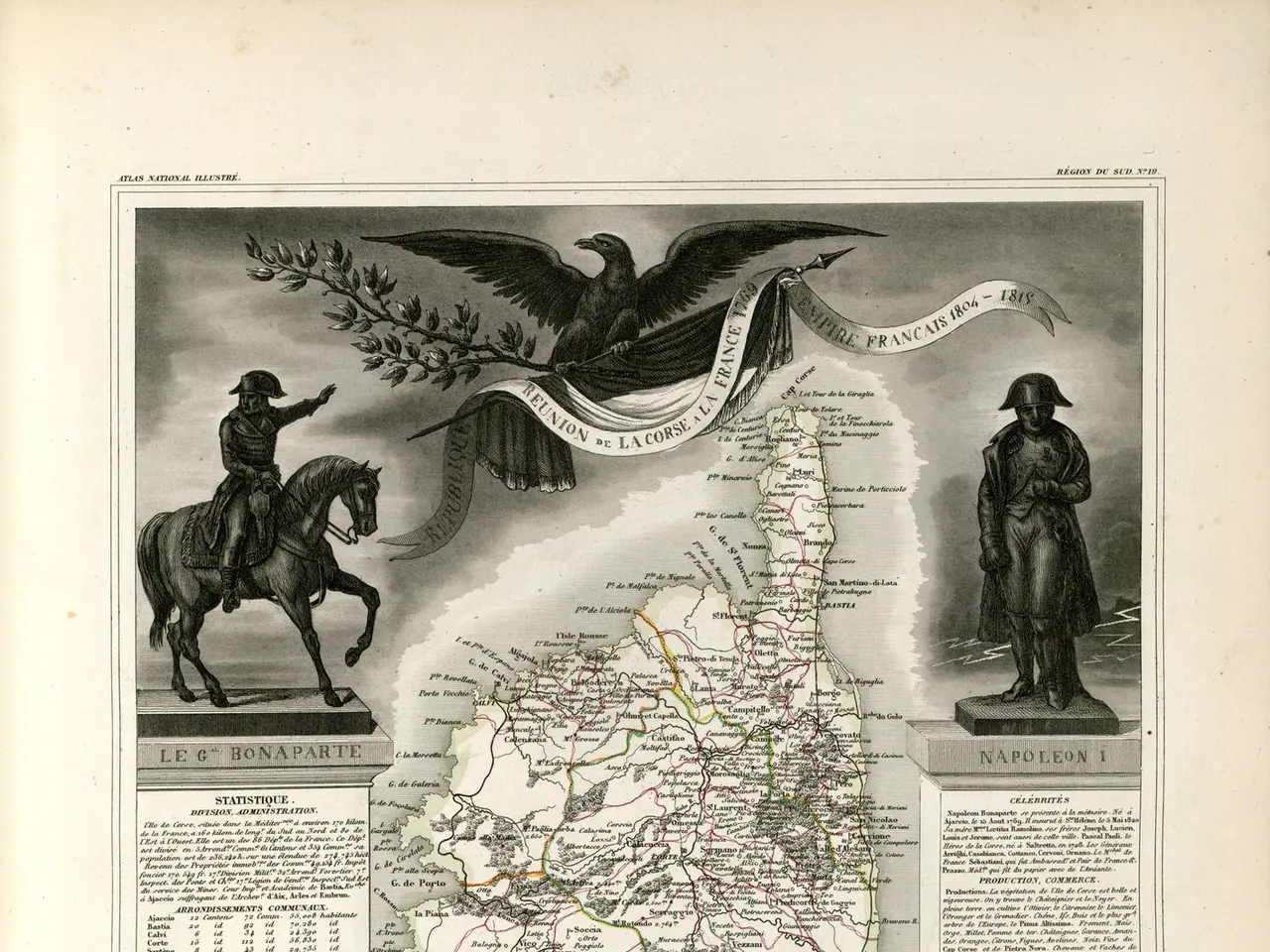 The image shows an old book with a map of France on it, featuring pictures of people, animals, and...