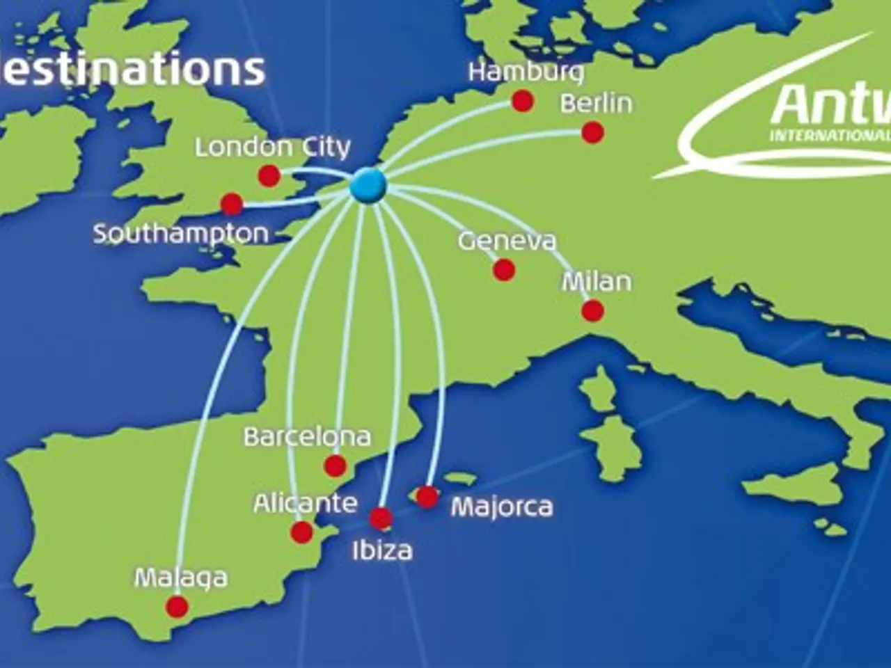The image shows a map of Europe with the Antwerp International Airport highlighted, indicating the...
