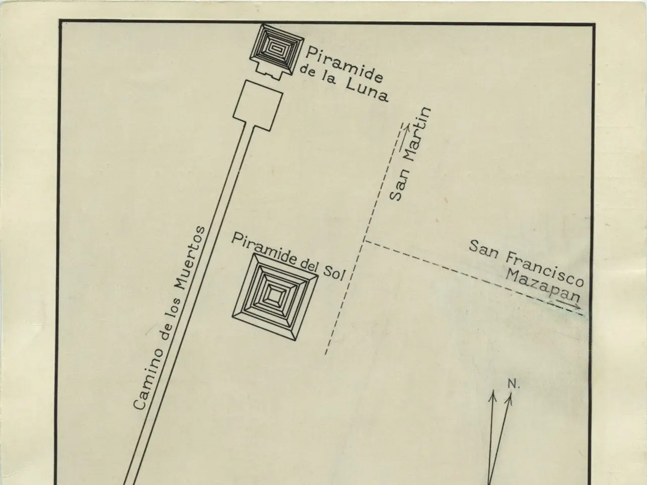 The image shows a paper with a drawing of a map of Teotihuacan, Mexico, with text written on it....