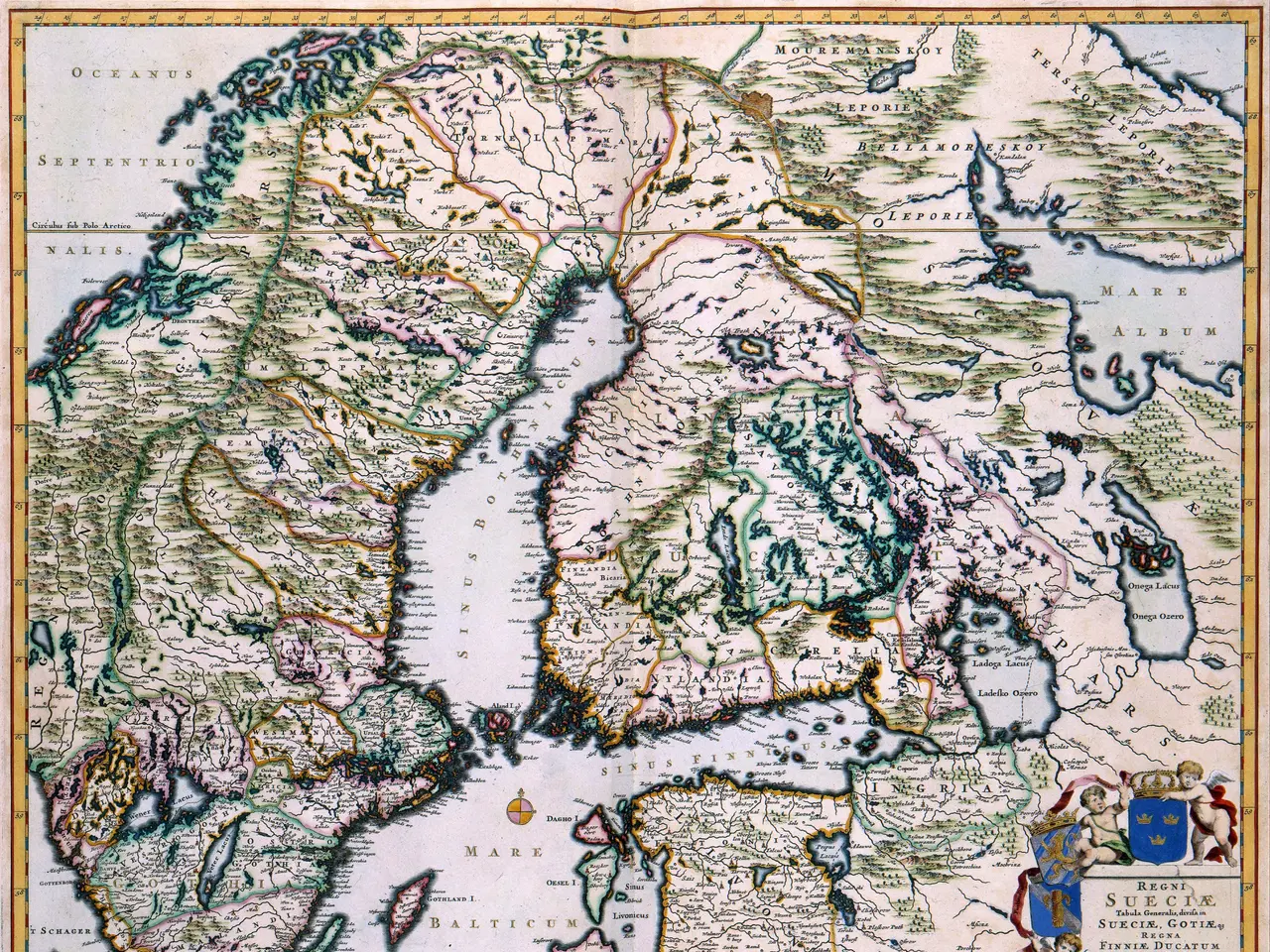 The image shows a poster of a map of Scandinavia from the 16th century. It features a detailed...