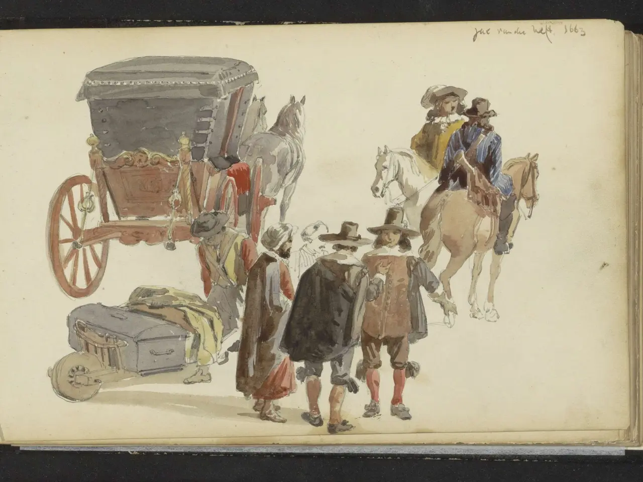 The image shows a group of people standing around a horse-drawn carriage, with some of them sitting...