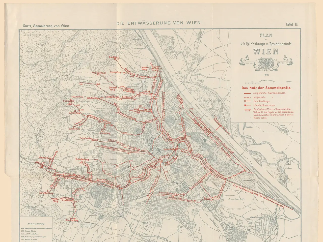 The image shows an old map of the city of Wien, Germany, with red lines indicating the route of the...