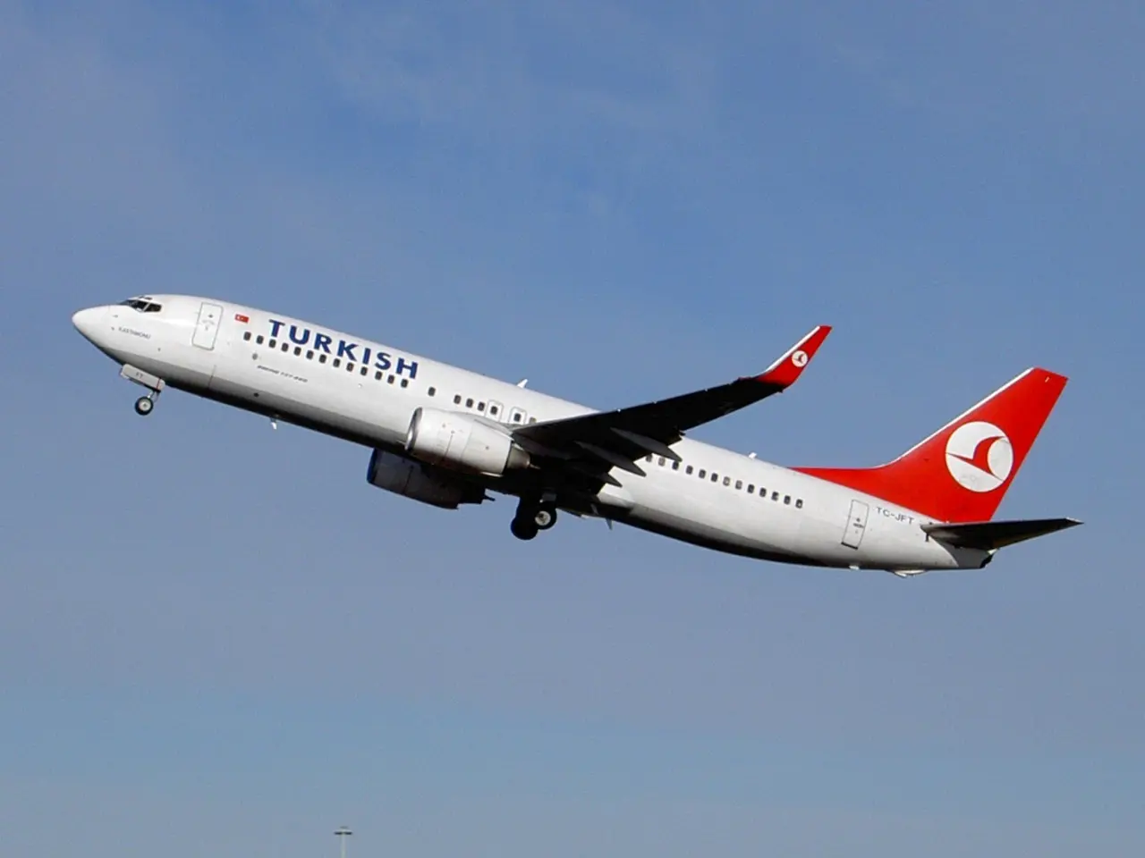 The image shows a Turkish Airlines Airbus A320-200 in flight, with a pole at the bottom of the...