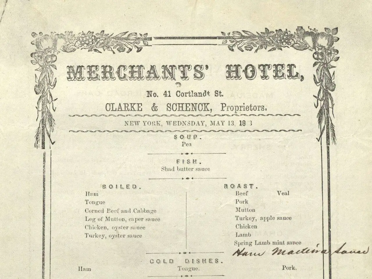 The image shows an old book with a menu for a merchant's hotel on it. The menu is written in black...