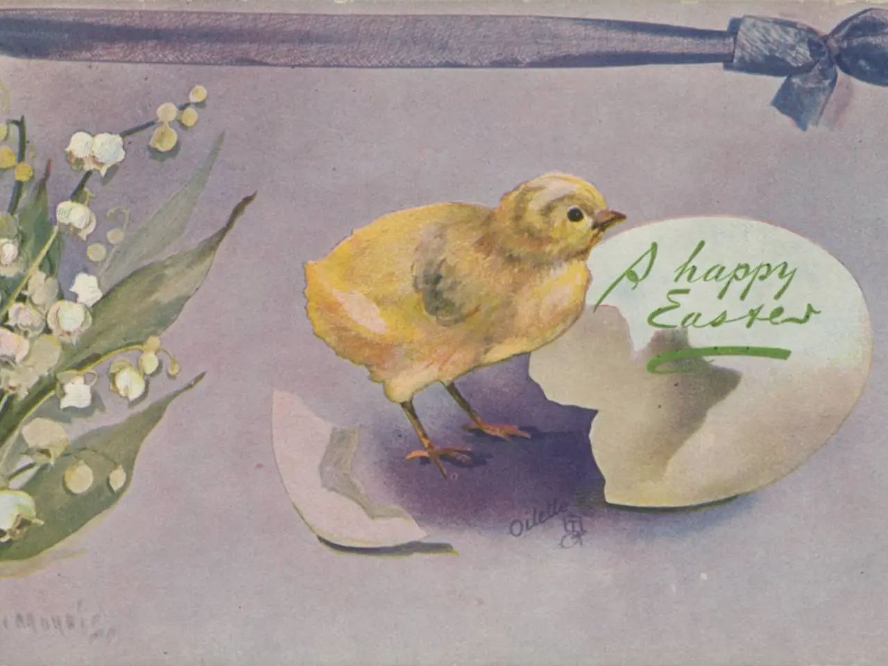 The image shows an old postcard with a painting of a yellow chicken, an egg, a knife, and a bouquet...
