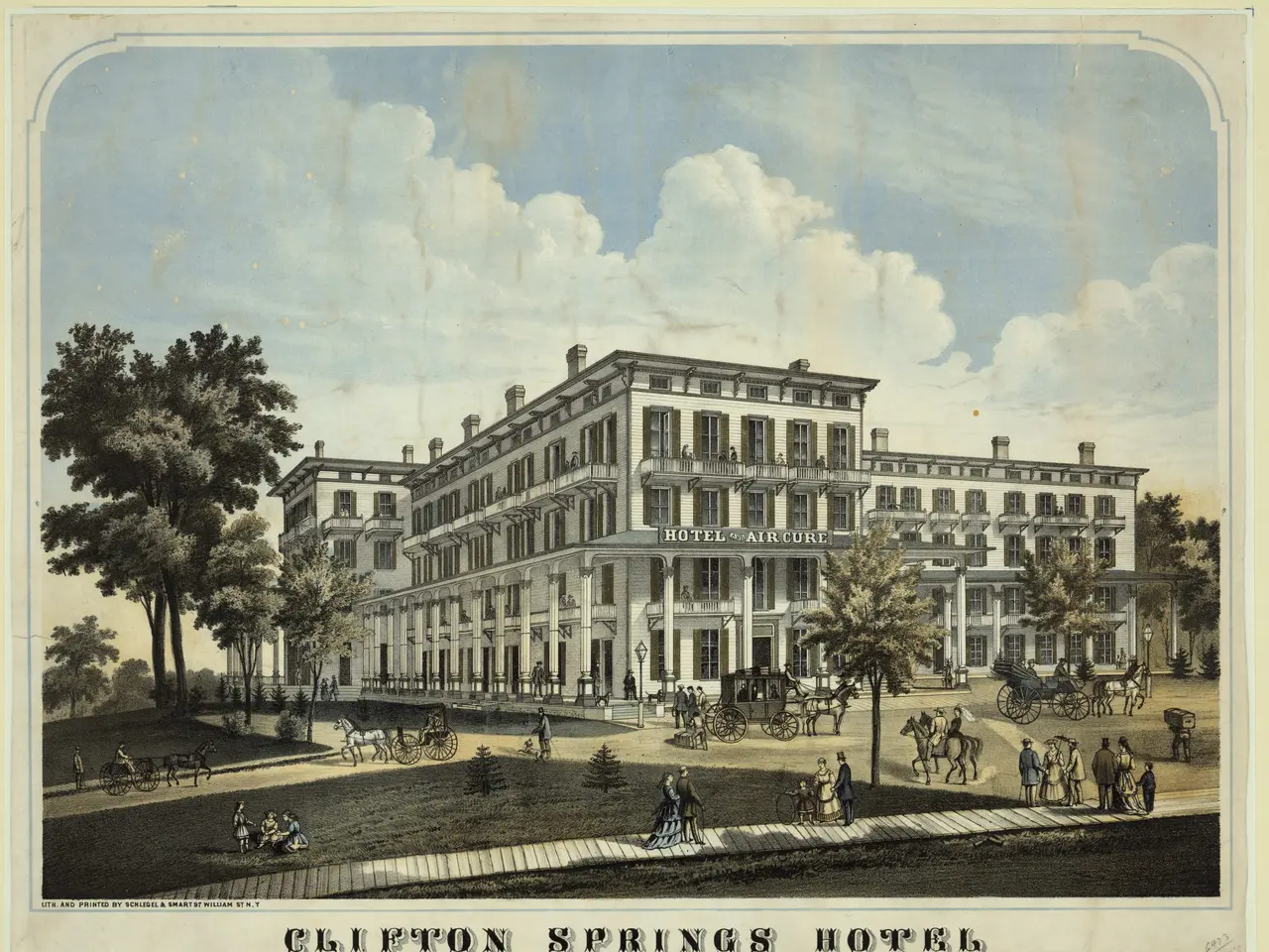 The image shows the Clifton Springs Hotel in New York City. It is a large building with many...