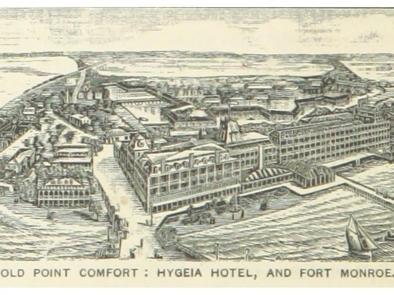 The image shows an old point comfort hotel and fort monroe, with buildings, boats, and water...