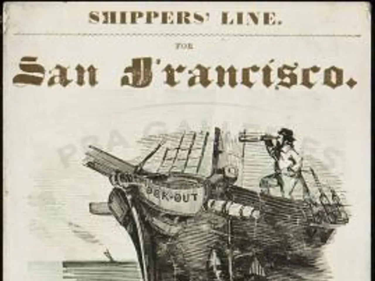 The image shows an old advertisement for the San Francisco Shippers Line, featuring a poster with...