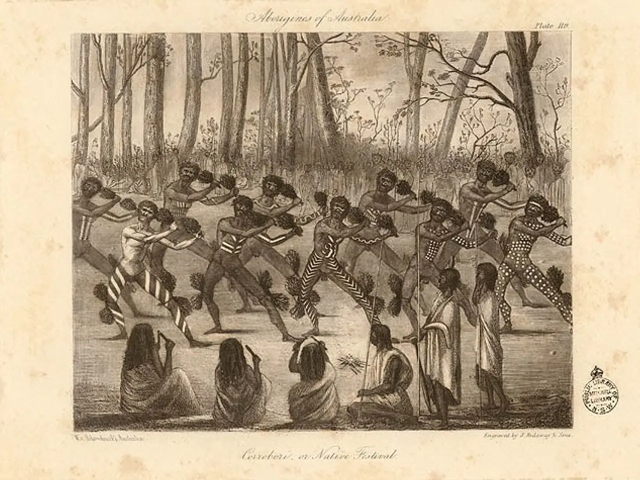 The image shows an engraving of a group of people dancing in the woods, with trees in the...
