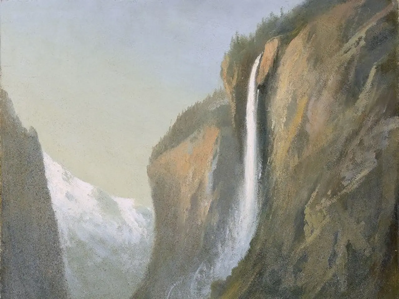 The image shows a painting of a majestic waterfall cascading down a rocky mountain, surrounded by...