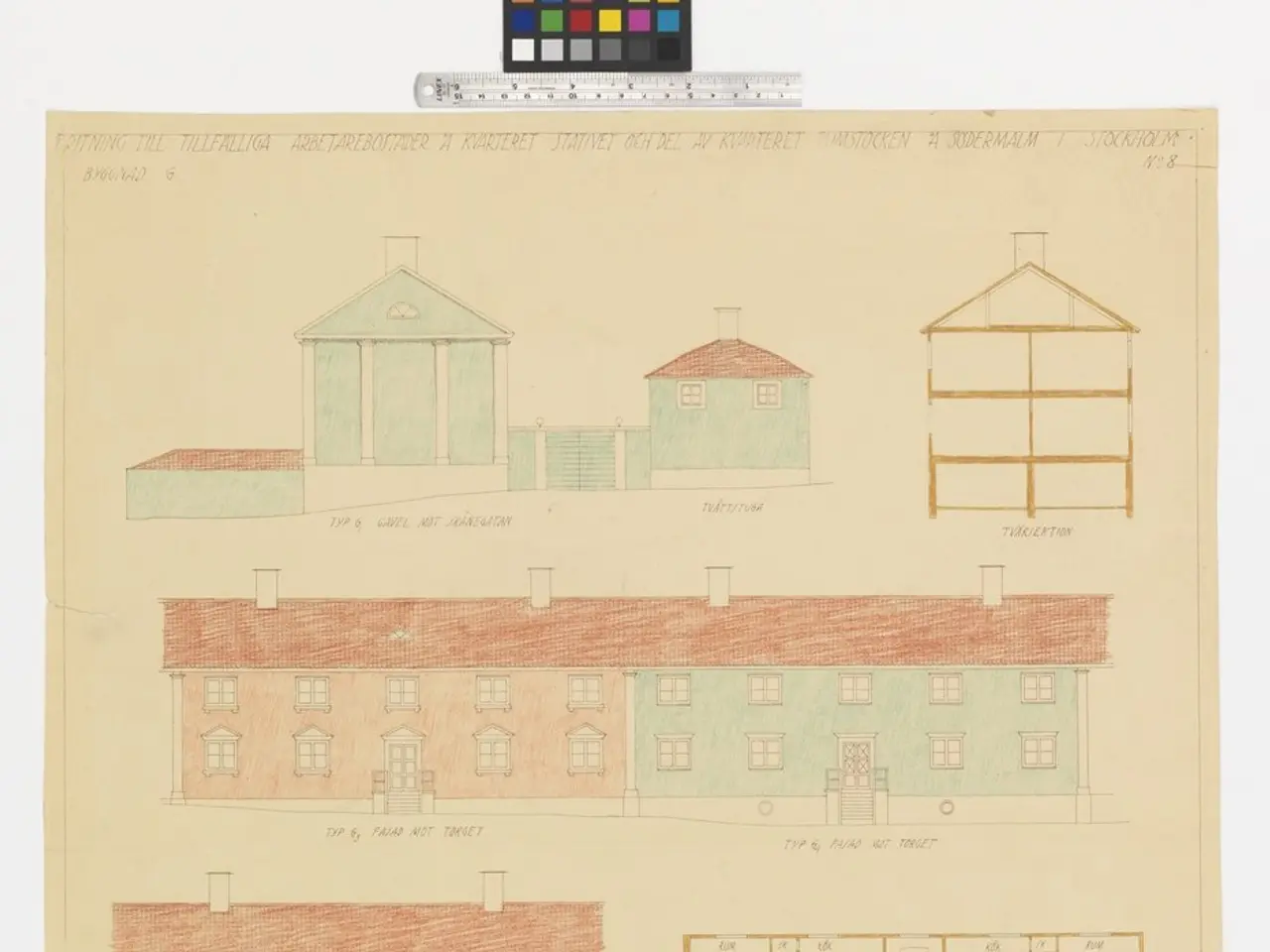 The image shows a drawing of a house with a lot of windows and a floor plan, with a color palette...