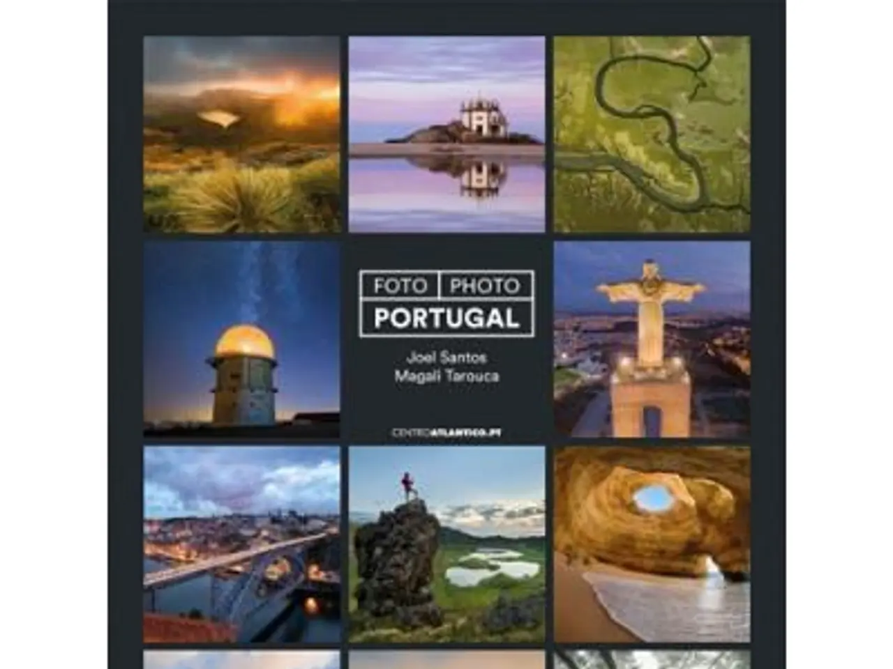 The image shows a poster with a collage of photos of Portugal, featuring buildings, trees, water, a...