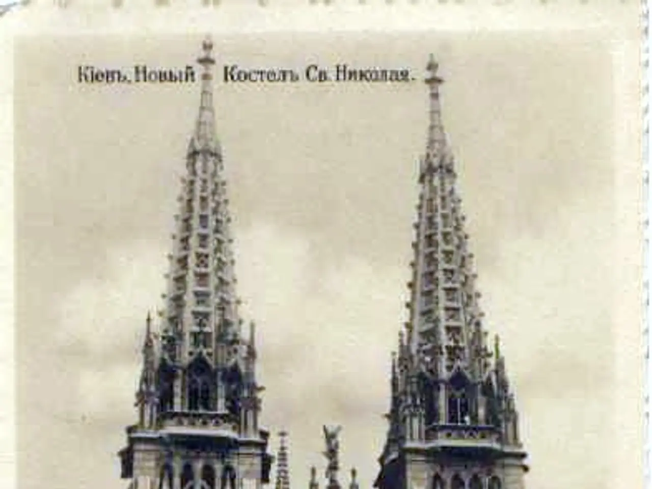 The image shows an old photo of a Gothic cathedral with two towers, set against a backdrop of a...