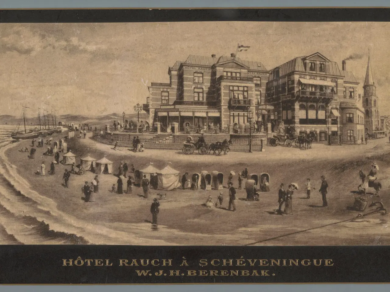 The image shows an old photo of a hotel on the beach, with a group of people standing on the...