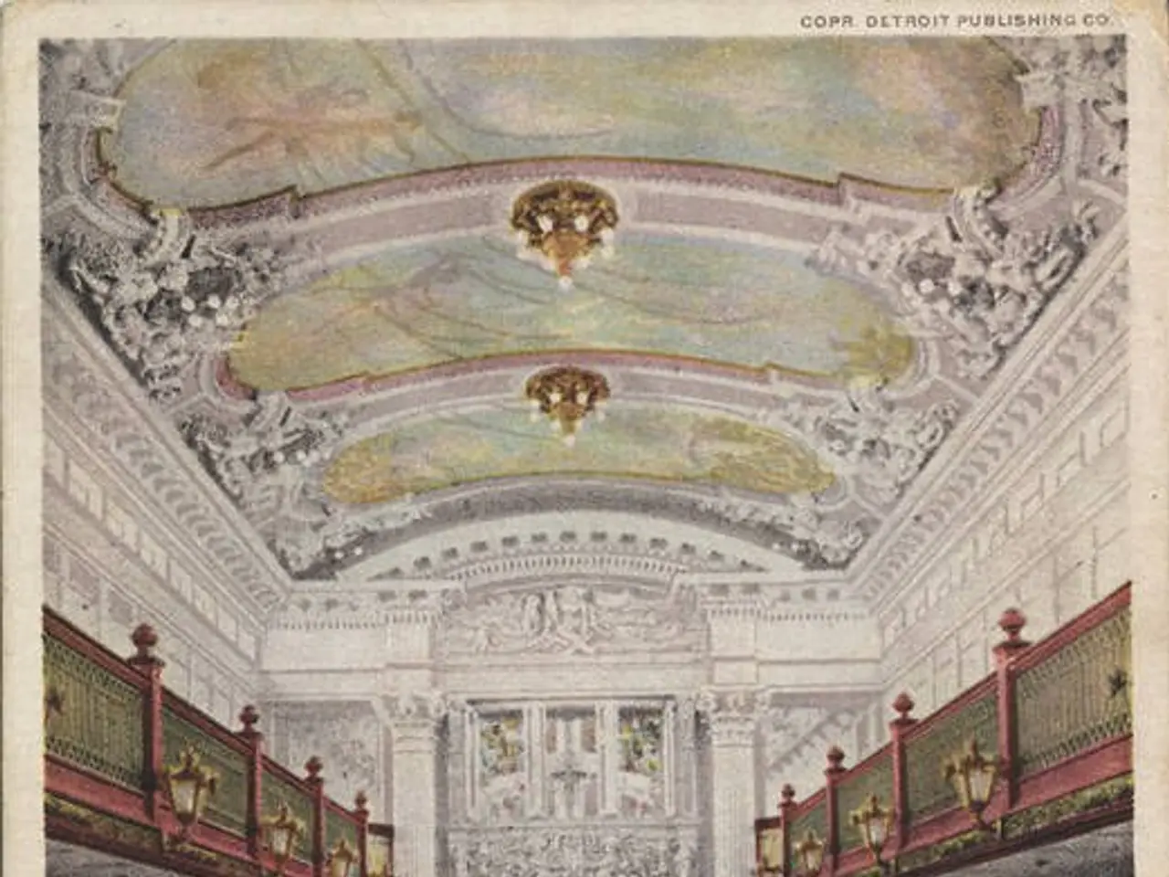 The image shows an old postcard of a grand salon in Detroit, Michigan. It features chairs, sofas,...