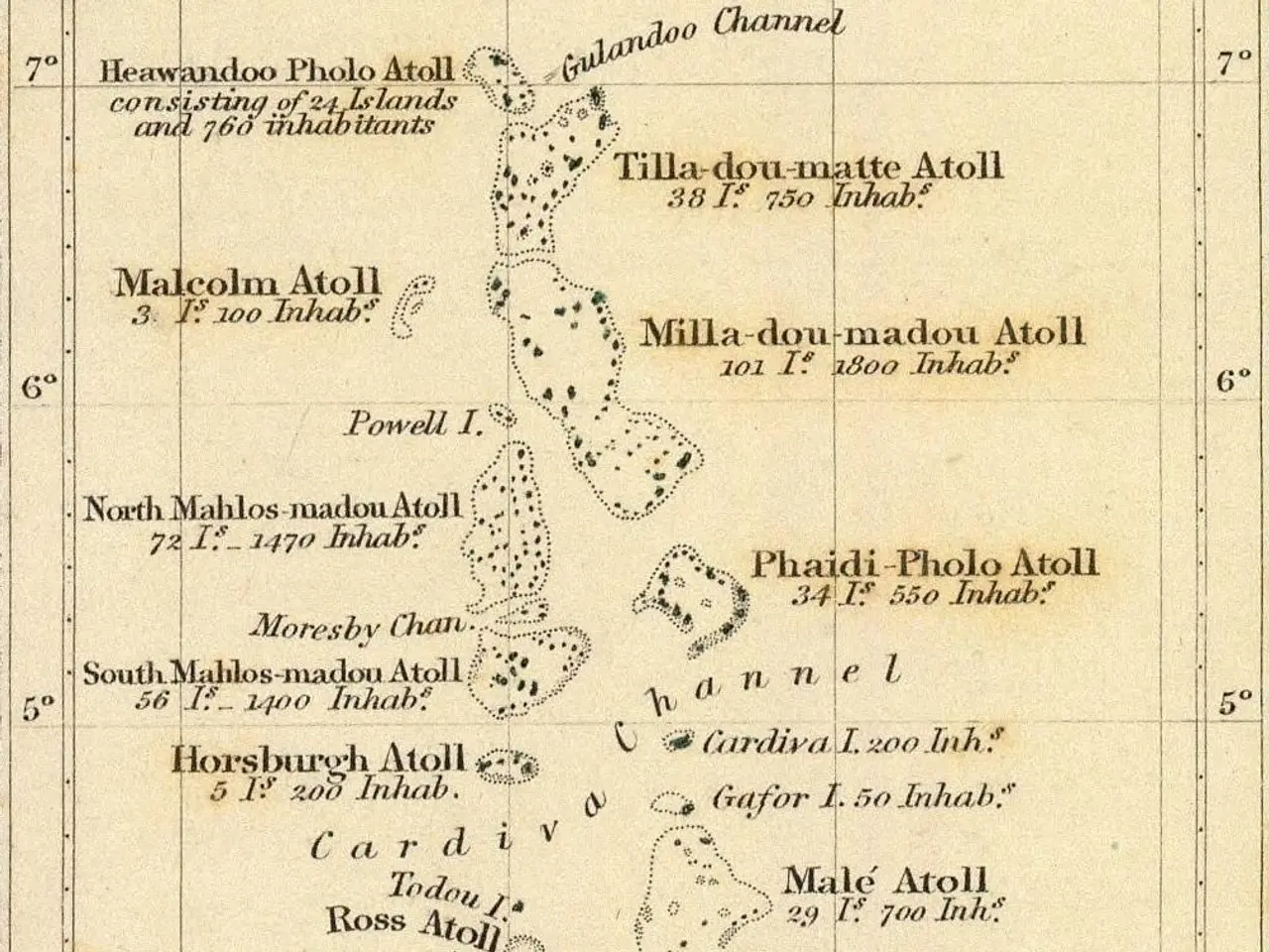 The image shows an old map of the Maldives with text and numbers on it. The map is detailed and...