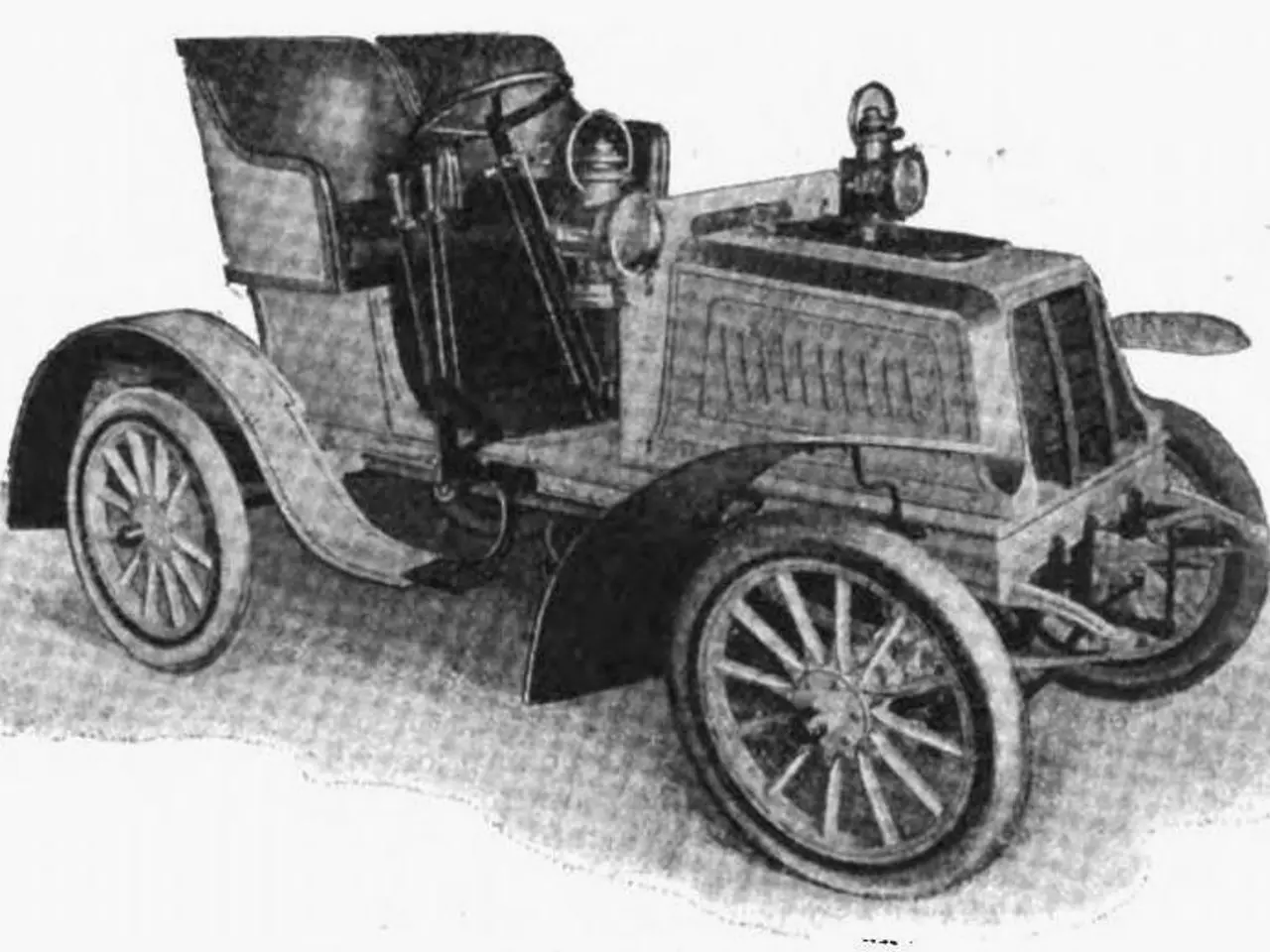 The image shows a black and white drawing of an old car, which is believed to be the first car to...