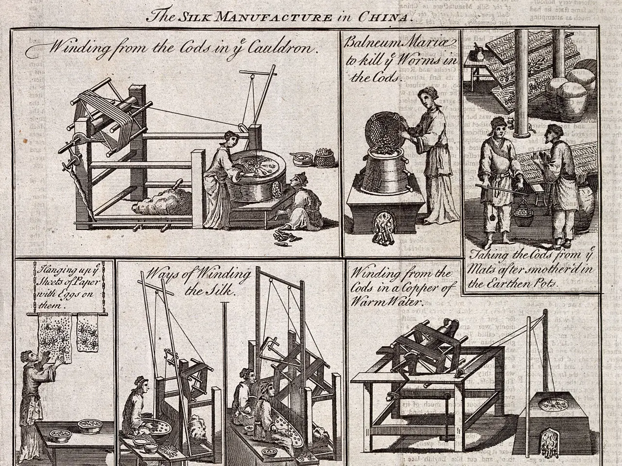 The image shows a paper with pictures of people and text on it, depicting the silk manufacture in...
