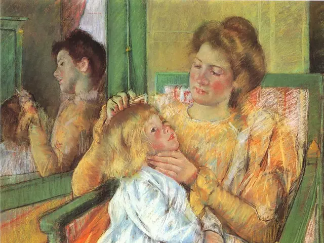 This is a painted image. A woman is combing the hair of a kid by sitting on a chair. In the...