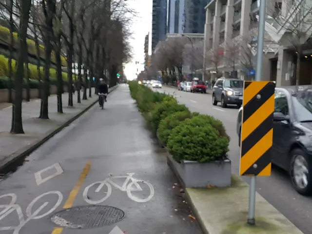 This image consists of a road on which there is a person riding bicycle. To the right, there are...