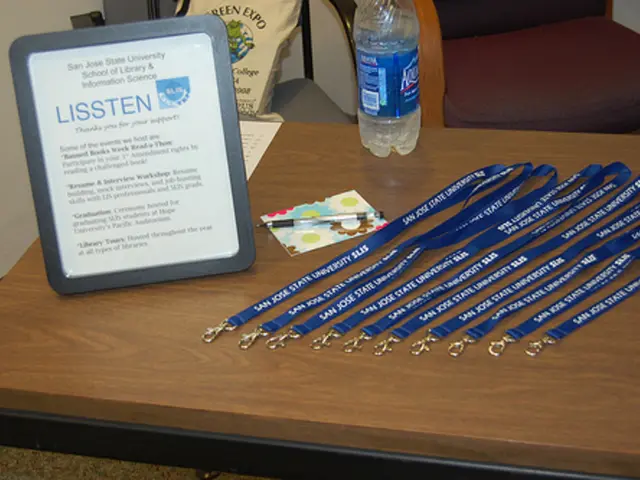 In the image we can see there is a table on which there are id card bands and there is a photo...