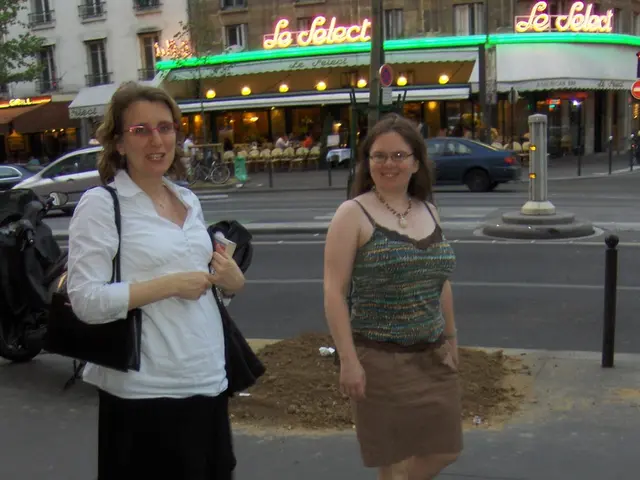 In the picture there is a road, on the road there are two women walking, beside them there are many...