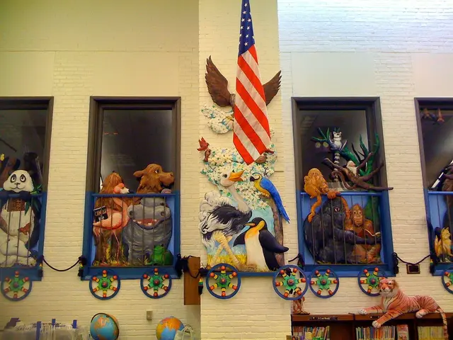 In the center of the image there is a building, wall, flag, toys, books, globes and a few other...