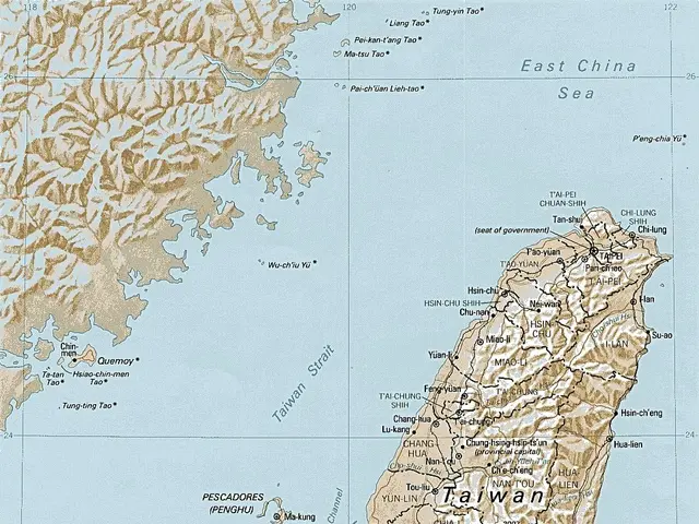 The image shows a poster of a physical map of Taiwan, with text at the bottom. The map is detailed,...
