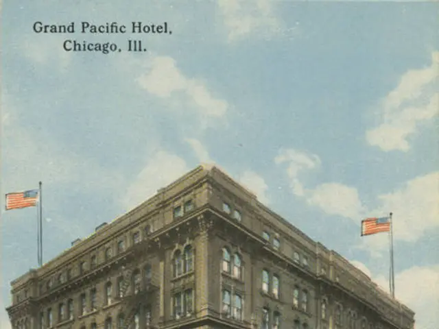 The image shows an old postcard of the Grand Pacific Hotel in Chicago, Illinois. It features a...